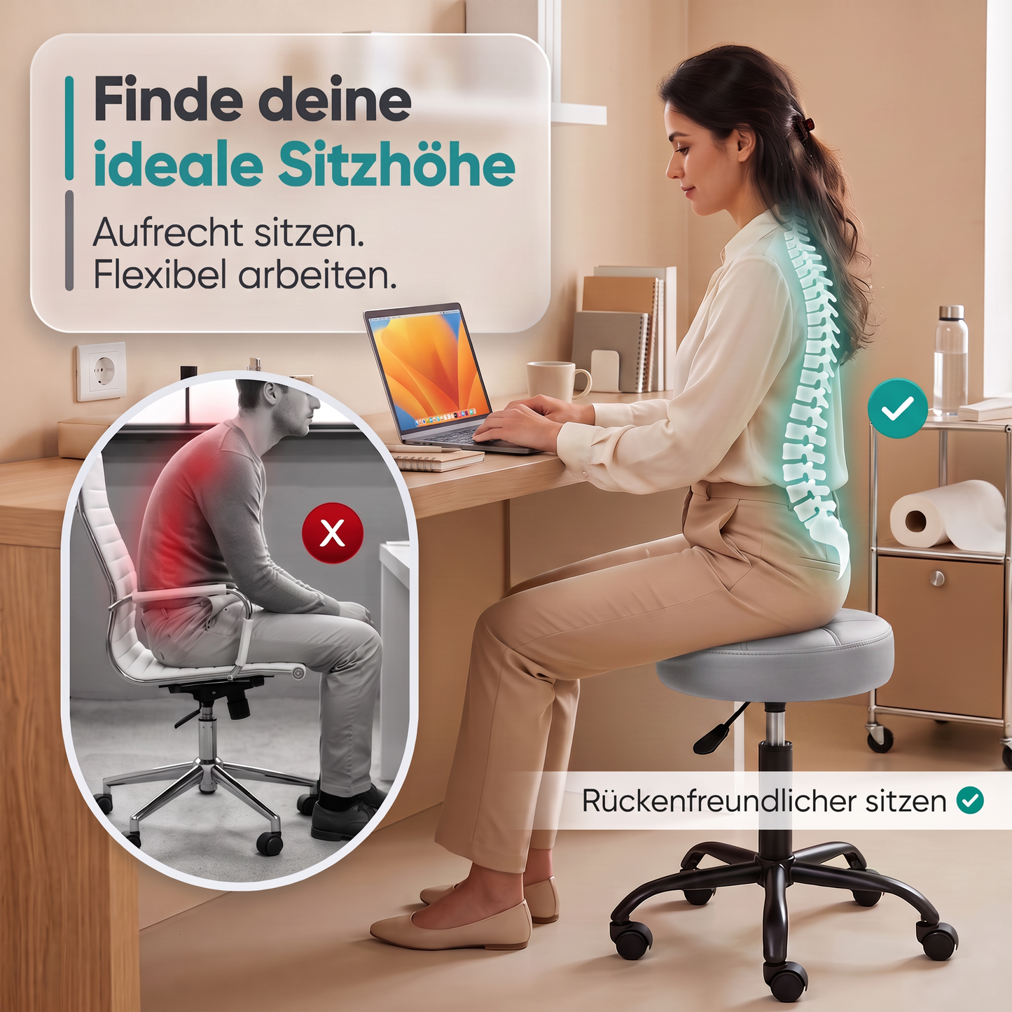 Grau | 02 Grauer Movaro Rollhocker mit höhenverstellbarer Sitzposition für aufrechtes, ergonomisches und rückenfreundliches Sitzen am Schreibtisch.