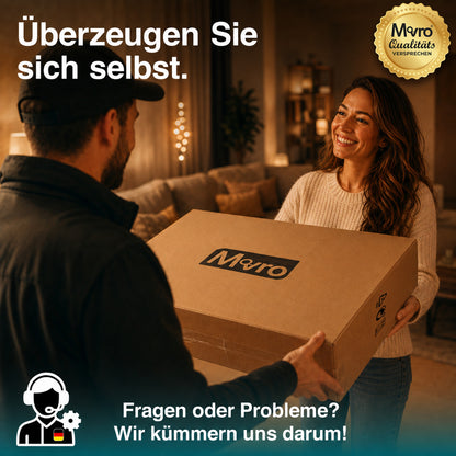 Schwarz | 07 Movaro Qualitätsversprechen mit persönlichem Kundenservice – Kundin nimmt ein Paket entgegen, Unterstützung bei Fragen oder Problemen.