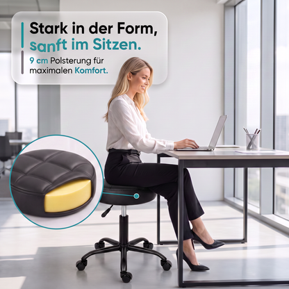 Schwarz | 06 Movaro Rollhocker mit 9 cm dicker Polsterung für hohen Sitzkomfort bei der Arbeit im Büro.