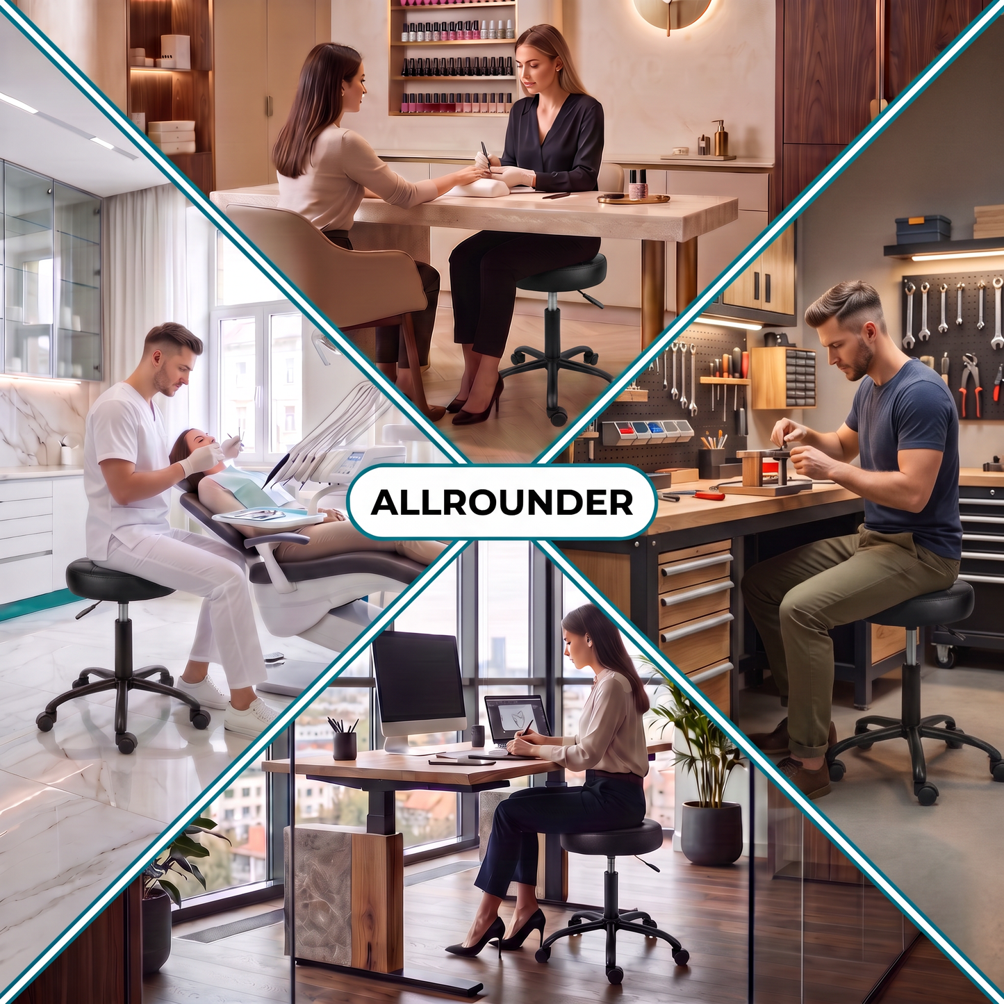 Schwarz | 05 Movaro Rollhocker als vielseitiger Allrounder für Kosmetikstudio, Zahnarztpraxis, Werkstatt und Büro.