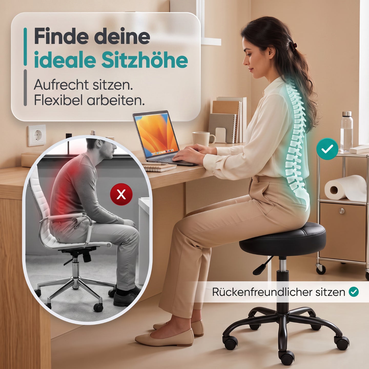 Schwarz | 02 Frau sitzt auf höhenverstellbarem Movaro Rollhocker am Schreibtisch mit aufrechter Haltung – ergonomisches und rückenfreundliches Sitzen im Vergleich zur Fehlhaltung