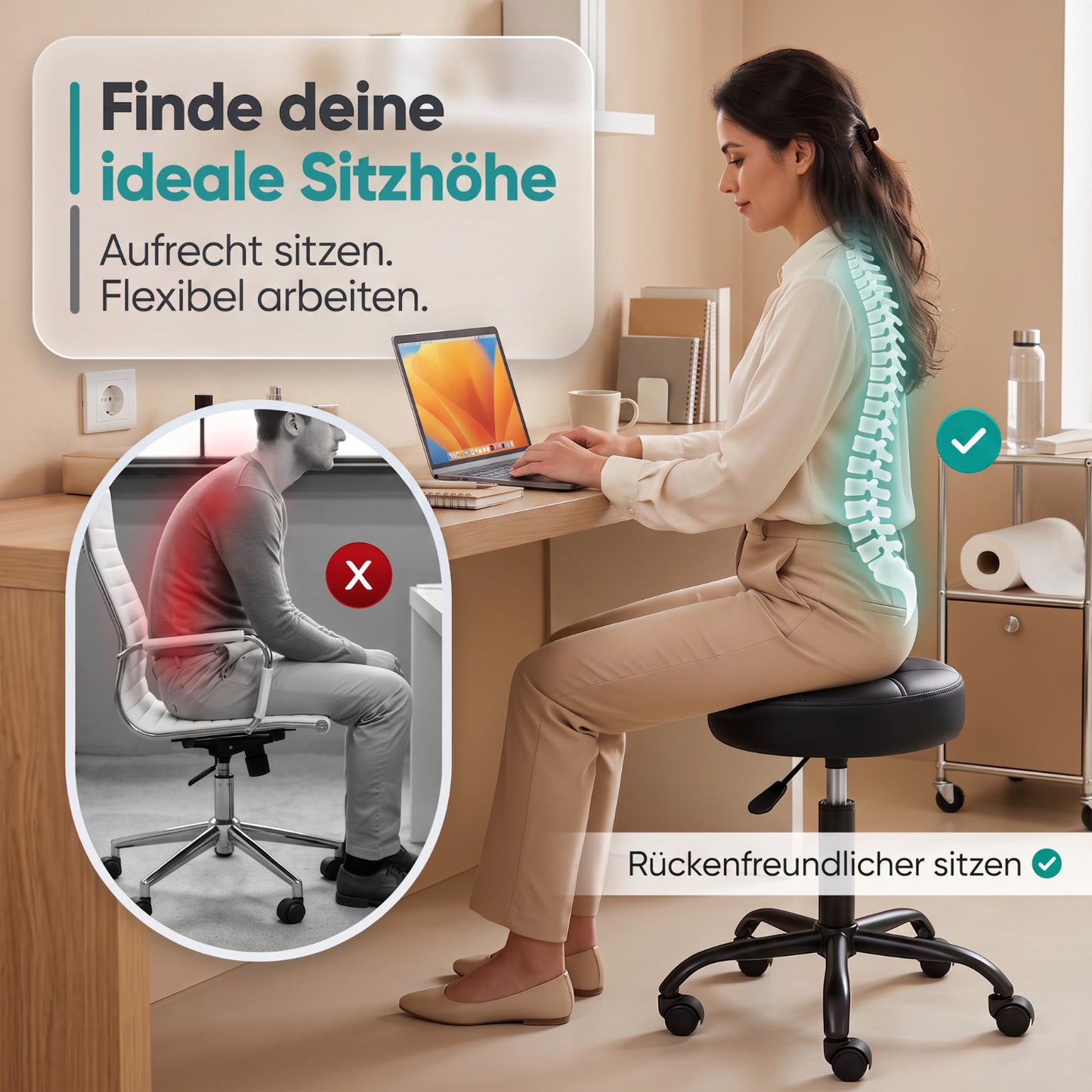 Schwarz | 02 Frau sitzt auf höhenverstellbarem Movaro Rollhocker am Schreibtisch mit aufrechter Haltung – ergonomisches und rückenfreundliches Sitzen im Vergleich zur Fehlhaltung