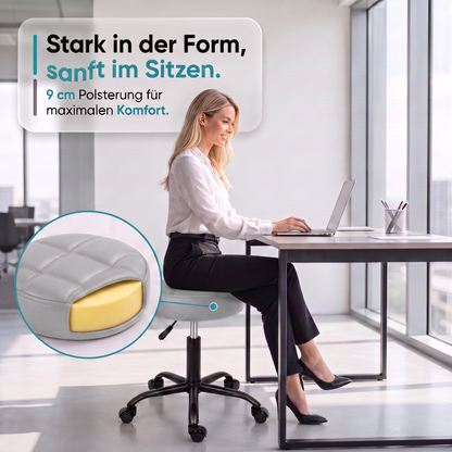 Grau | 06 Grauer Movaro Rollhocker mit 9 cm dicker Polsterung für hohen Sitzkomfort bei der Arbeit im Büro.