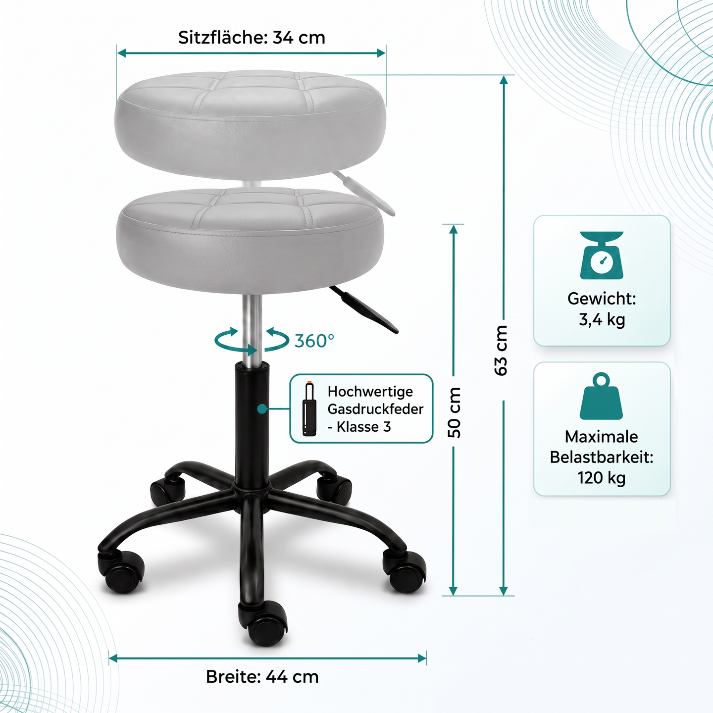 Grau | 03 Grauer Movaro Rollhocker mit 34 cm Sitzfläche, 50–63 cm Sitzhöhe, 360° Drehfunktion, Gasdruckfeder Klasse 3 und 120 kg Belastbarkeit.