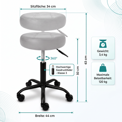 Grau | 03 Grauer Movaro Rollhocker mit 34 cm Sitzfläche, 50–63 cm Sitzhöhe, 360° Drehfunktion, Gasdruckfeder Klasse 3 und 120 kg Belastbarkeit.