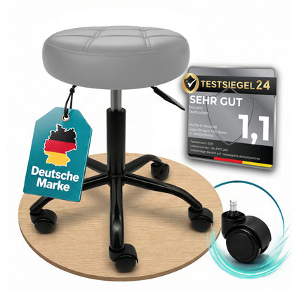 Grau | 01 Grauer Movaro Rollhocker mit gepolsterter Sitzfläche, fünf Softrollen, Testsiegel 24 Bewertung „Sehr Gut 1,1“ und Hinweis auf deutsche Marke.
