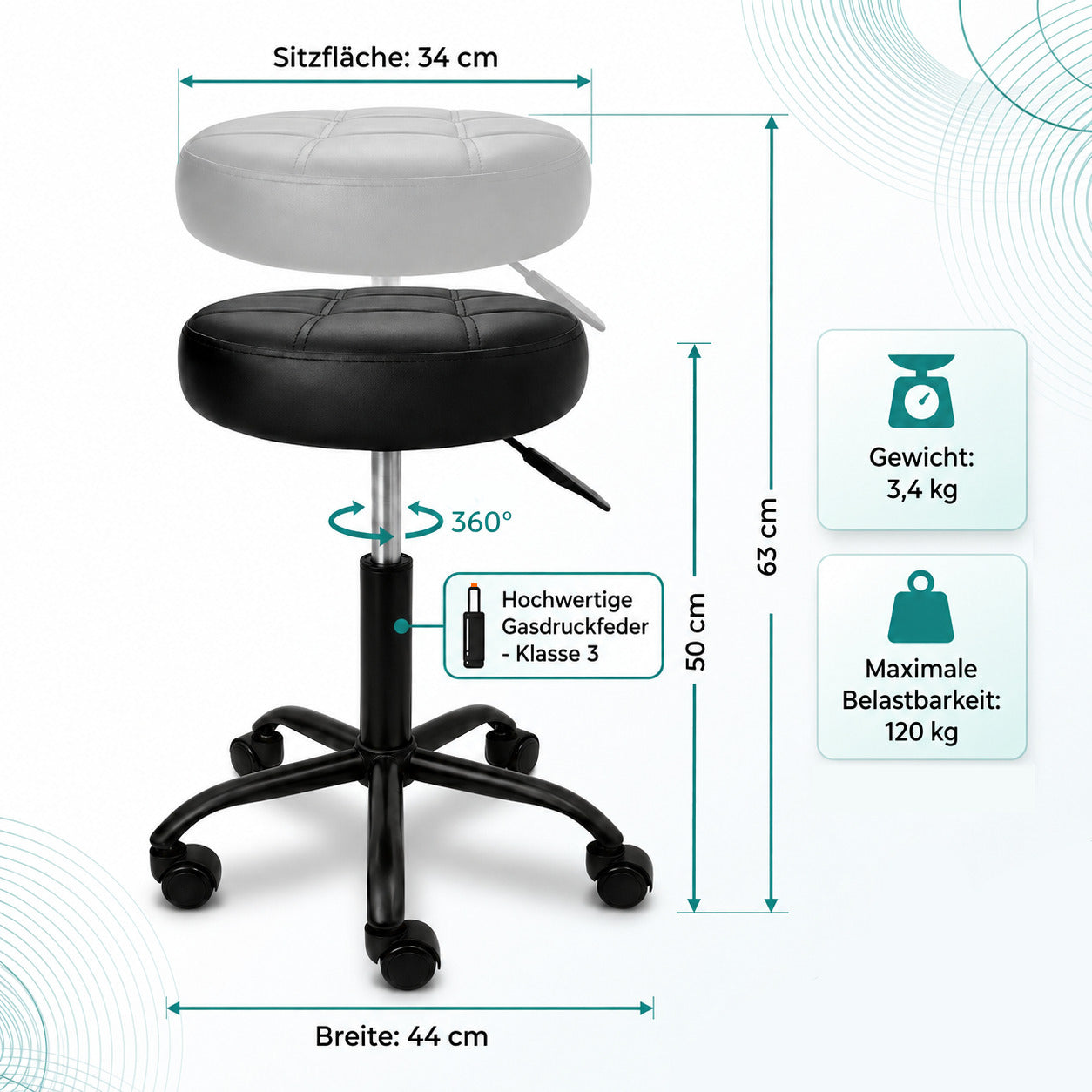 Schwarz | 03 Höhenverstellbarer Movaro Rollhocker mit 34 cm Sitzfläche, 50–63 cm Sitzhöhe, 360° Drehfunktion, Gasdruckfeder Klasse 3 und 120 kg Belastbarkeit.