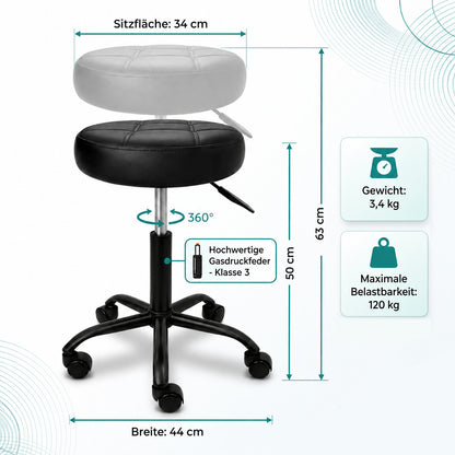 Schwarz | 03 Höhenverstellbarer Movaro Rollhocker mit 34 cm Sitzfläche, 50–63 cm Sitzhöhe, 360° Drehfunktion, Gasdruckfeder Klasse 3 und 120 kg Belastbarkeit.