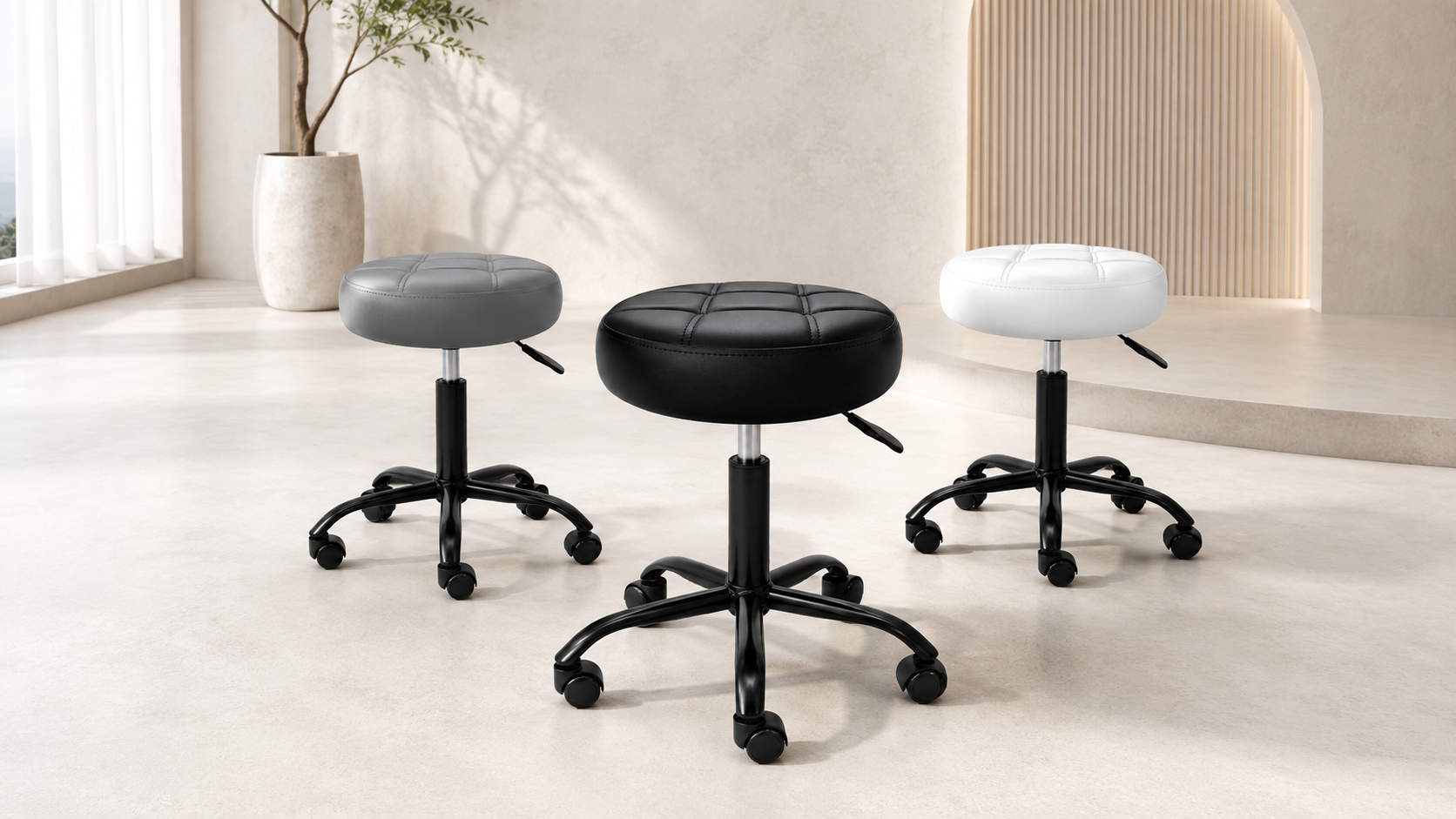 Movaro Rollhocker in Schwarz, Weiß und Grau, höhenverstellbare Kosmetikhocker mit Rollen für Praxis, Salon und Studio