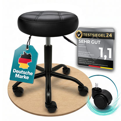 Schwarz | 01 Movaro Rollhocker in Schwarz mit gepolsterter Sitzfläche, fünf Rollen und Testsiegel 24 Bewertung „Sehr Gut 1,1“