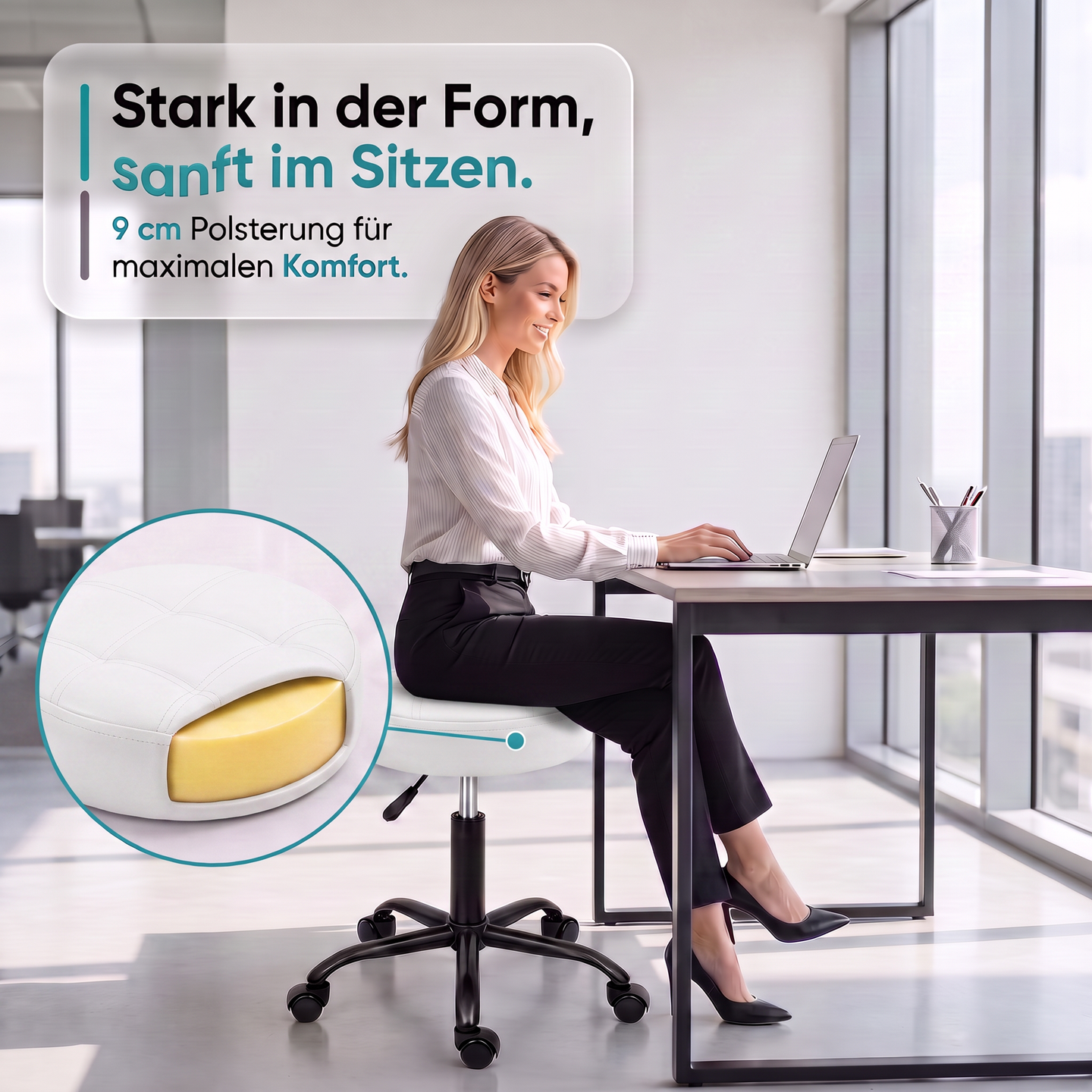 Weiß | 06 Weißer Movaro Rollhocker mit 9 cm dicker Polsterung für hohen Sitzkomfort bei der Arbeit im Büro.