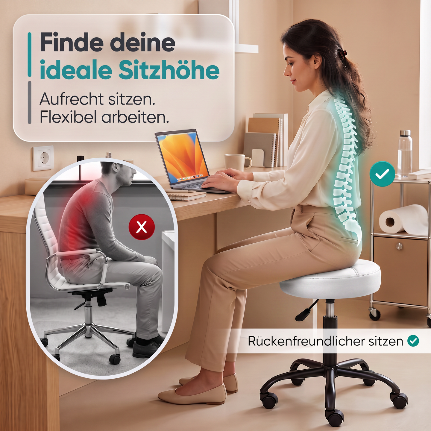 Weiß | 02 Weißer Movaro Rollhocker mit höhenverstellbarer Sitzposition für aufrechtes, ergonomisches und rückenfreundliches Sitzen am Schreibtisch.