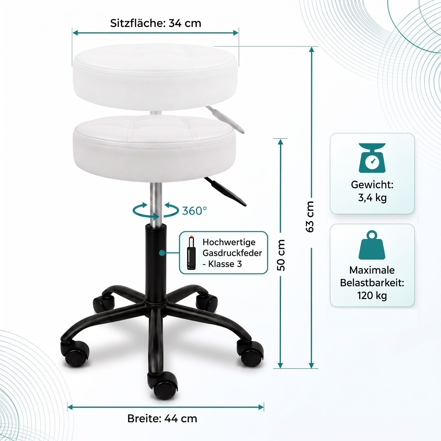Weiß | 03 Weißer Movaro Rollhocker mit 34 cm Sitzfläche, 50–63 cm Sitzhöhe, 360° Drehfunktion, Gasdruckfeder Klasse 3 und 120 kg Belastbarkeit.