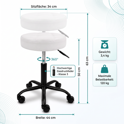 Weiß | 03 Weißer Movaro Rollhocker mit 34 cm Sitzfläche, 50–63 cm Sitzhöhe, 360° Drehfunktion, Gasdruckfeder Klasse 3 und 120 kg Belastbarkeit.