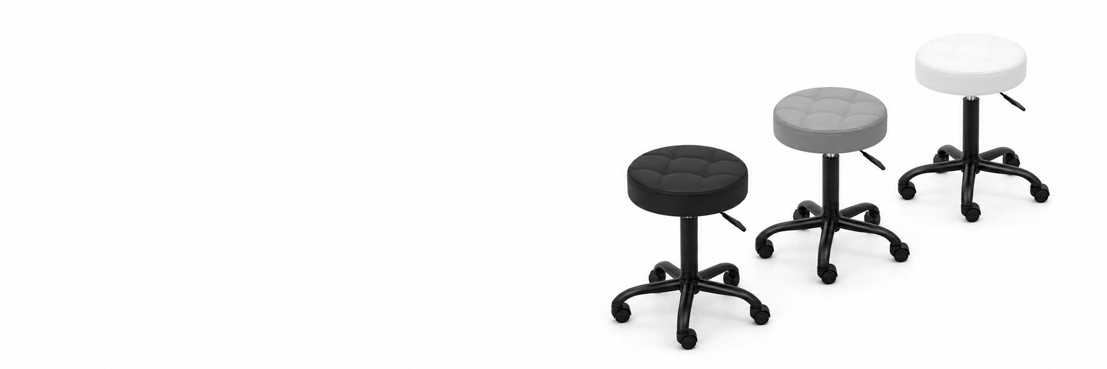 Drei höhenverstellbare Rollhocker mit gepolstertem Rundsitz in Schwarz, Grau und Weiß für Kosmetikstudio, Praxis oder Büro.